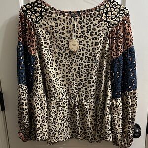 BNWT ODDY Leopard Print Blouse with Color Block Sleeves